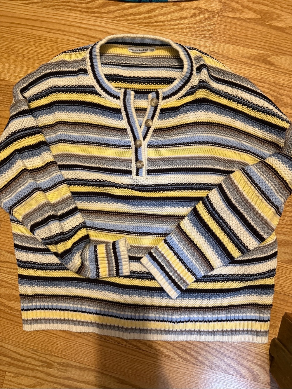 Abercrombie & Fitch Yellow, Blue & Cream Striped Henley Sweater